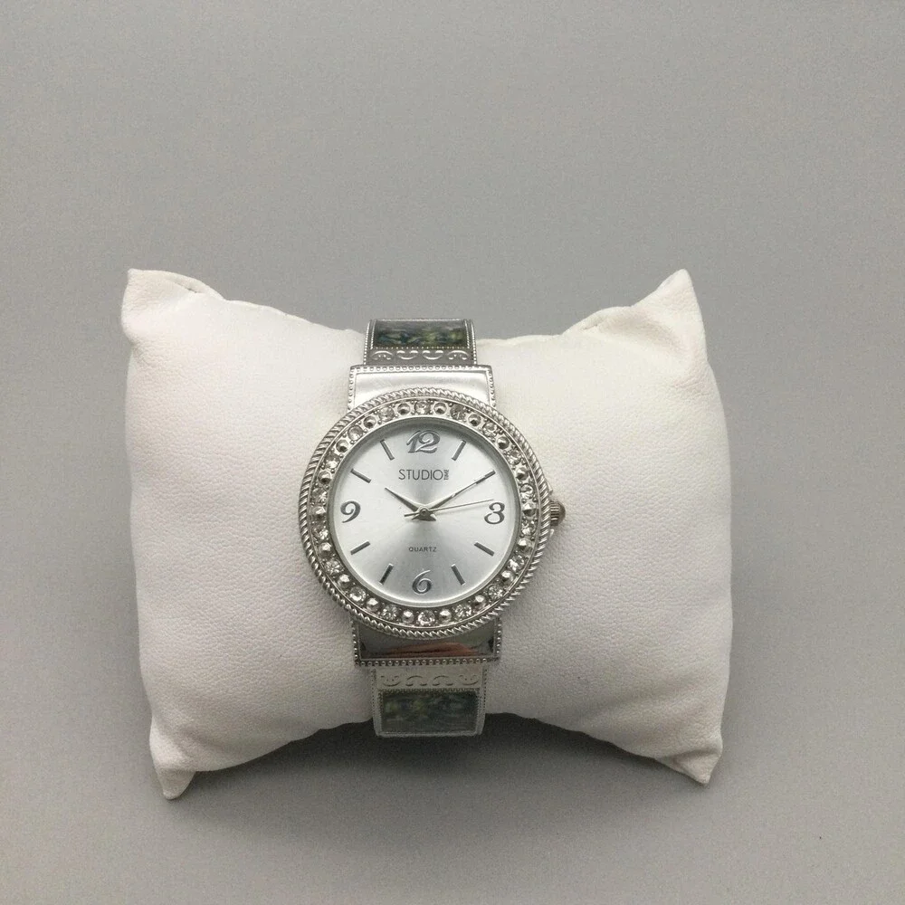 Studio Womens Watch 32mm Crystal Bezel Open Cuff Silver Tone Inlay New Battery